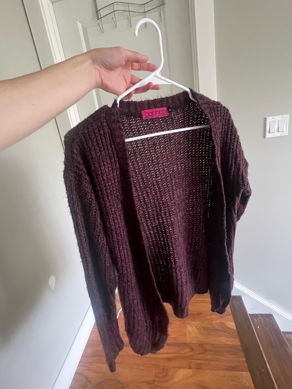 Boohoo Deep Maroon Purple Open-Front Chunky Knit Cardigan